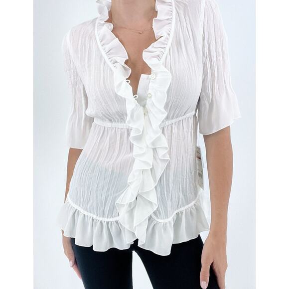 NWT NY Collection White Frill Semi Sheer Short Sleeve Blouse Size Small - Picture 2 of 5